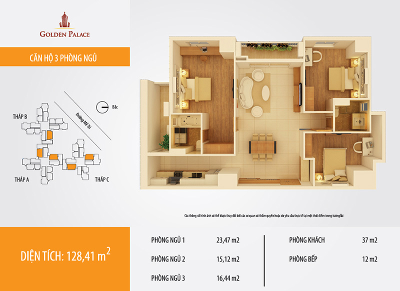 Chính chủ bán căn hộ Golden Palace Mễ Trì, dtich 128m2, 3 PN tầng trung, giá 51 triệu full nội thất