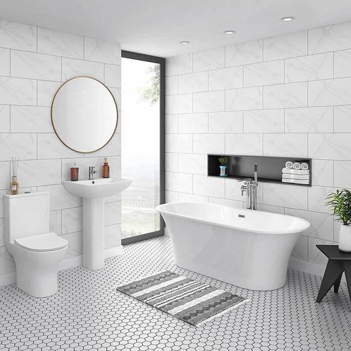 Một mẫu phòng tắm lát gạch lục giác với tông trắng chủ đạo 