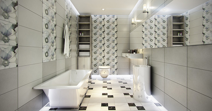 phòng tắm rộng rãi, nổi bật với mẫu gạch lát sàn