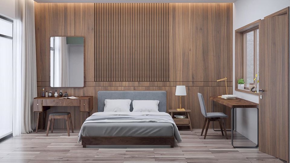tường phòng ngủ ốp gỗ
