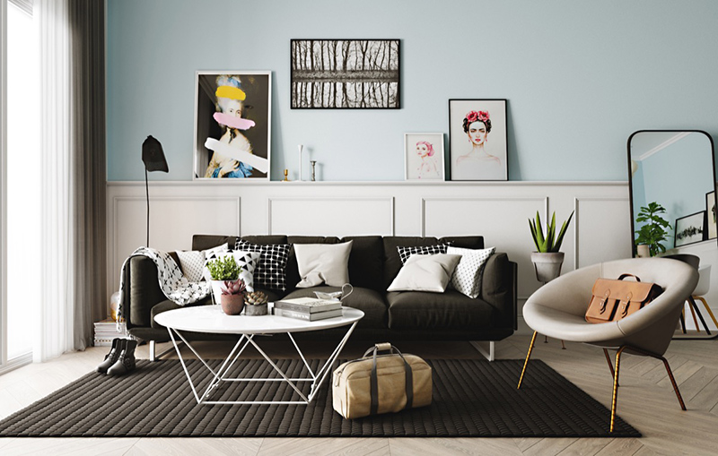 Phòng khách này lại chọn màu pastel để sơn tường và dùng nội thất màu đen-trắng để cân bằng không gian. 