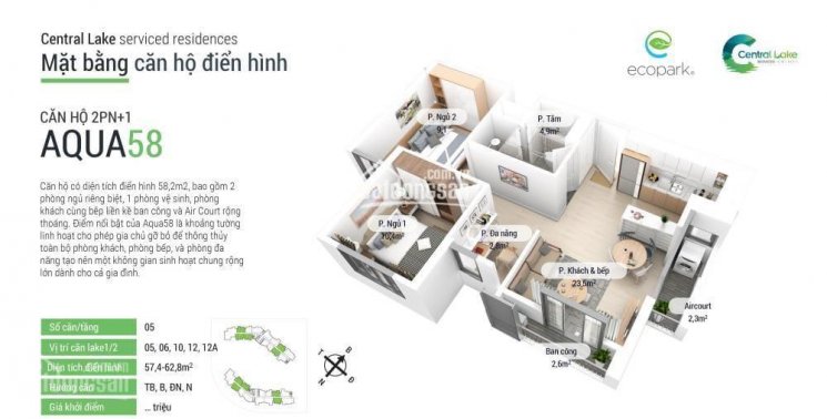 Cần bán căn hộ 58m2 Aquabay Ecopark với 2PN và 1WC, nội thất đầy đủ. Giá 1.450 triệu bao phí