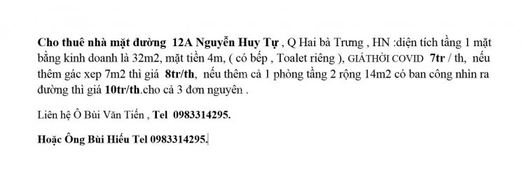 Cho thuê nhà mặt đường  12A Nguyễn Huy Tự 