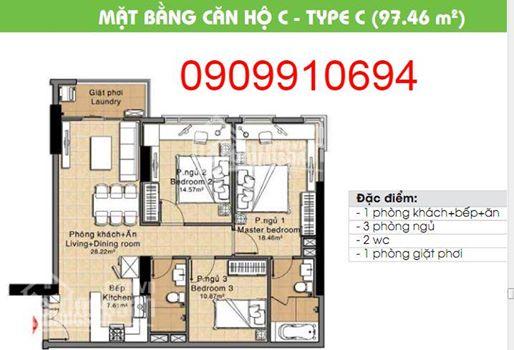 Cho thuê căn hộ 97m2, 3PN, 2WC, Nội thất, Giá 7.5tr/tháng. LH 0909910694