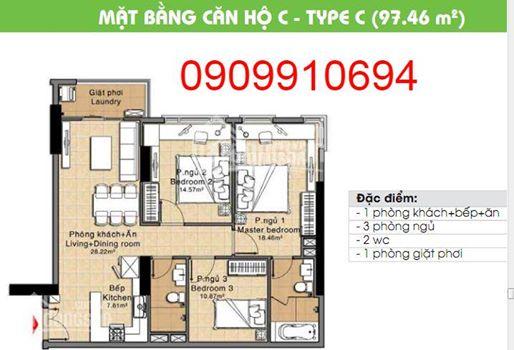 Cho thuê căn hộ 97m2, 3PN, 2WC, nội thất, giá 7.8tr/tháng. LH 0909910694
