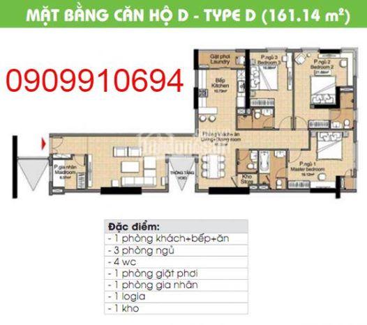 Cho thuê căn hộ 161m2, 3PN, 4WC, căn góc, Nội thất, giá 10.5tr/tháng. LH 0909910694