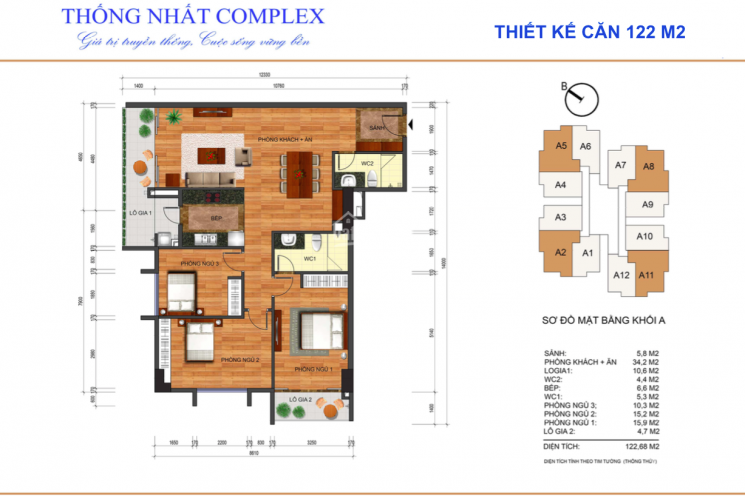 Cần bán căn hộ tầng 15 hướng Đông Nam 122m2 dự án Thống Nhất Complex tại 82 Nguyễn Tuân