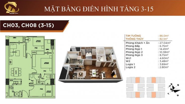 Bán căn hộ 3 PN DT 82.1 m2 đẹp nhất HC Golden City - giá chỉ 3.1 tỷ - nhận nhà ở ngay