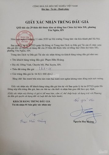 Chính chủ cần bán đất đấu giá khu X8 phường Yên Nghĩa, Hà Đông. LH 0936.759.197